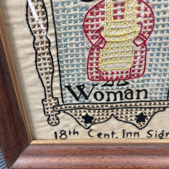 VTG Cross Stitch The Quiet Woman Wood Frame 12x10 Art 18th Cent. Inn Sign - Picture 3 of 10